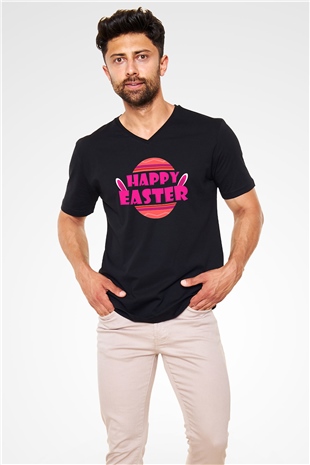 Paskalya Baskılı Unisex Siyah V Yaka Tişört - Tshirt