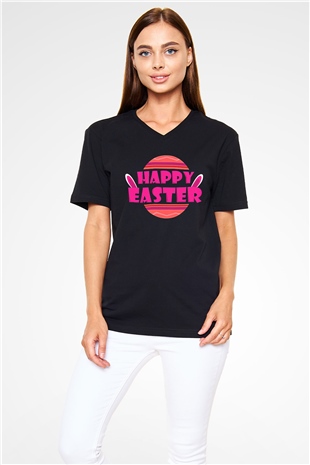 Paskalya Baskılı Unisex Siyah V Yaka Tişört - Tshirt
