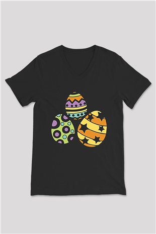 Paskalya Baskılı Unisex Siyah V Yaka Tişört - Tshirt