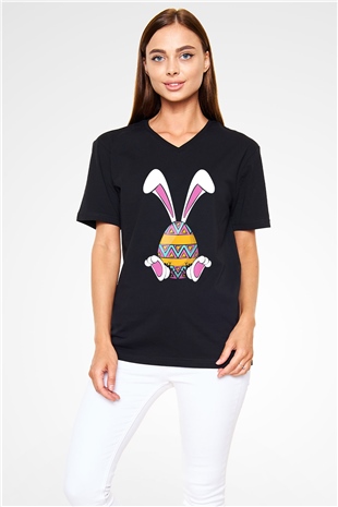 Paskalya Baskılı Unisex Siyah V Yaka Tişört - Tshirt