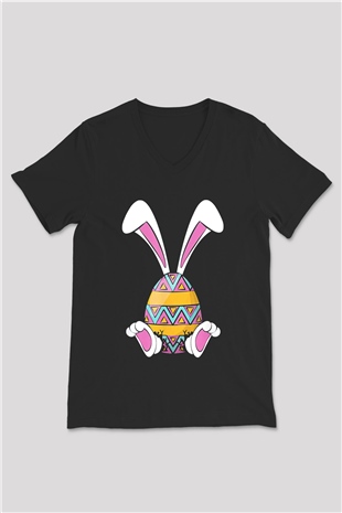 Paskalya Baskılı Unisex Siyah V Yaka Tişört - Tshirt