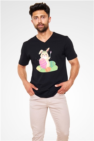 Paskalya Baskılı Unisex Siyah V Yaka Tişört - Tshirt