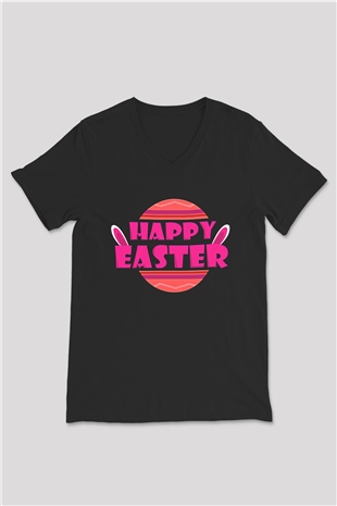 Paskalya Baskılı Unisex Siyah V Yaka Tişört - Tshirt