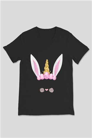 Paskalya Baskılı Unisex Siyah V Yaka Tişört - Tshirt