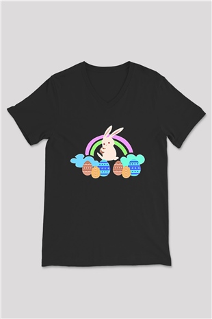 Paskalya Baskılı Unisex Siyah V Yaka Tişört - Tshirt