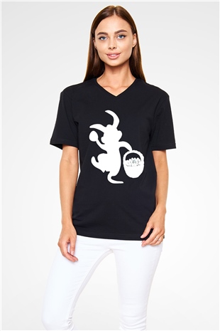 Paskalya Baskılı Unisex Siyah V Yaka Tişört - Tshirt