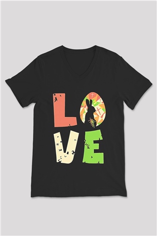 Paskalya Baskılı Unisex Siyah V Yaka Tişört - Tshirt