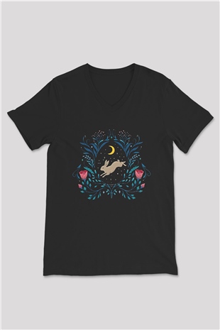 Paskalya Baskılı Unisex Siyah V Yaka Tişört - Tshirt