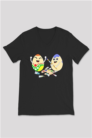 Paskalya Baskılı Unisex Siyah V Yaka Tişört - Tshirt