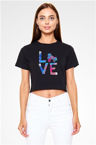 Paten Baskılı Crop Top Siyah Kadın Tişört - Tshirt