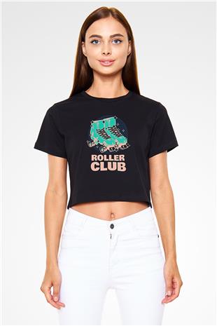 Paten Baskılı Crop Top Siyah Kadın Tişört - Tshirt