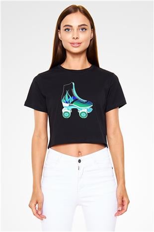 Paten Baskılı Crop Top Siyah Kadın Tişört - Tshirt
