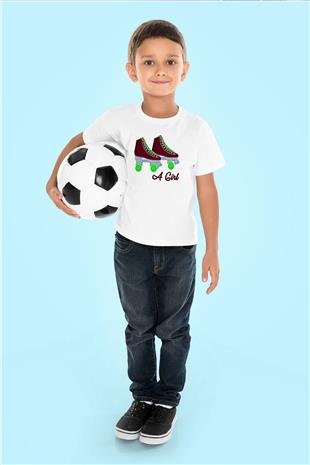 Paten Baskılı Unisex Beyaz Çocuk Tişört - Tshirt
