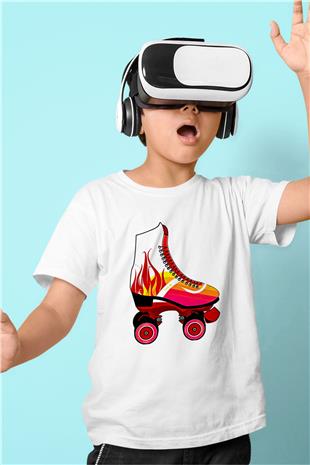 Paten Baskılı Unisex Beyaz Çocuk Tişört - Tshirt