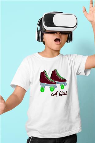 Paten Baskılı Unisex Beyaz Çocuk Tişört - Tshirt
