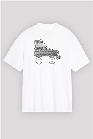 Paten Baskılı Unisex Beyaz Oversize Tişört - Tshirt