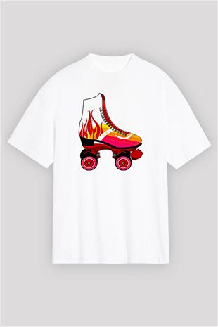 Paten Baskılı Unisex Beyaz Oversize Tişört - Tshirt