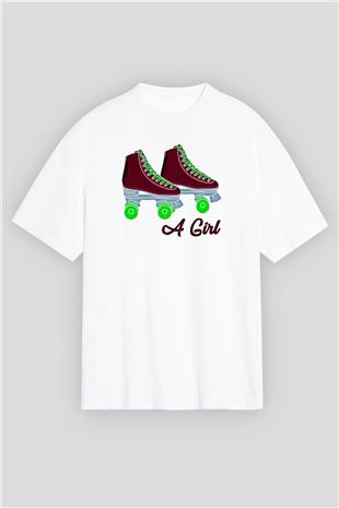 Paten Baskılı Unisex Beyaz Oversize Tişört - Tshirt