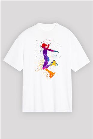 Paten Baskılı Unisex Beyaz Oversize Tişört - Tshirt