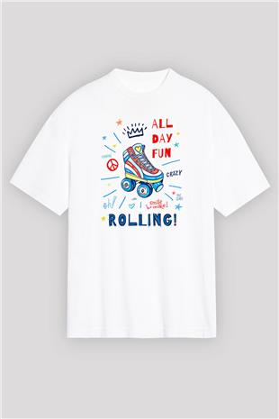 Paten Baskılı Unisex Beyaz Oversize Tişört - Tshirt