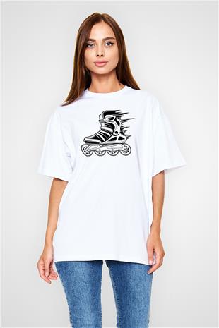 Paten Baskılı Unisex Beyaz Oversize Tişört - Tshirt