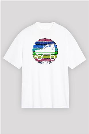 Paten Baskılı Unisex Beyaz Oversize Tişört - Tshirt