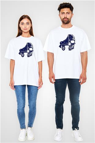 Paten Baskılı Unisex Beyaz Oversize Tişört - Tshirt