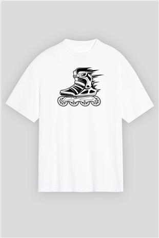 Paten Baskılı Unisex Beyaz Oversize Tişört - Tshirt
