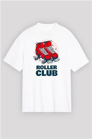 Paten Baskılı Unisex Beyaz Oversize Tişört - Tshirt