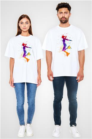 Paten Baskılı Unisex Beyaz Oversize Tişört - Tshirt
