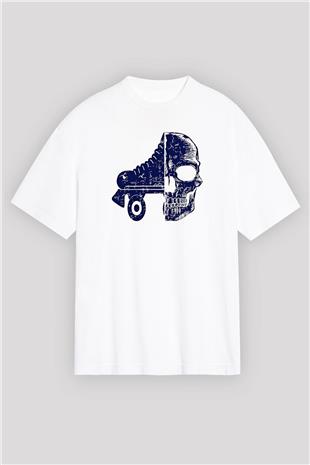 Paten Baskılı Unisex Beyaz Oversize Tişört - Tshirt