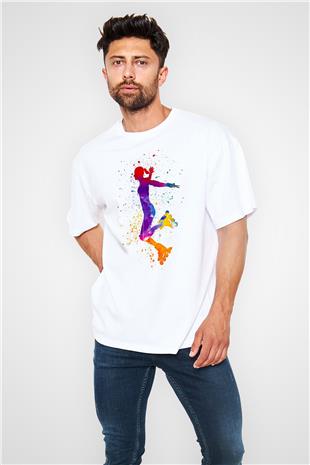 Paten Baskılı Unisex Beyaz Oversize Tişört - Tshirt