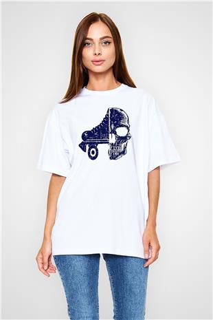 Paten Baskılı Unisex Beyaz Oversize Tişört - Tshirt