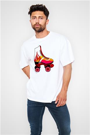 Paten Baskılı Unisex Beyaz Oversize Tişört - Tshirt