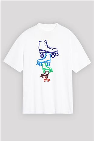 Paten Baskılı Unisex Beyaz Oversize Tişört - Tshirt