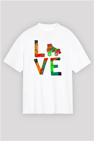 Paten Baskılı Unisex Beyaz Oversize Tişört - Tshirt