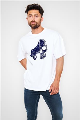 Paten Baskılı Unisex Beyaz Oversize Tişört - Tshirt