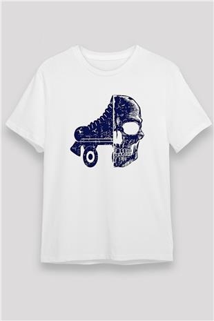 Paten Baskılı Unisex Beyaz Tişört - Tshirt