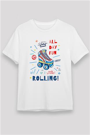 Paten Baskılı Unisex Beyaz Tişört - Tshirt