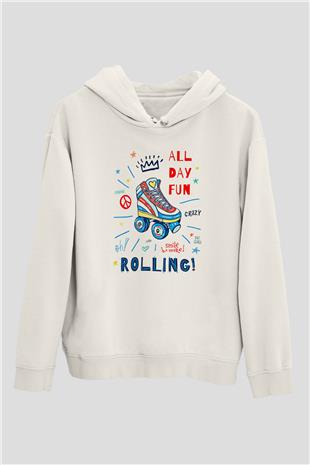 Paten Baskılı Unisex Ekru Hoodie
