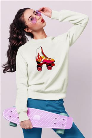 Paten Baskılı Unisex Ekru Sweatshirt