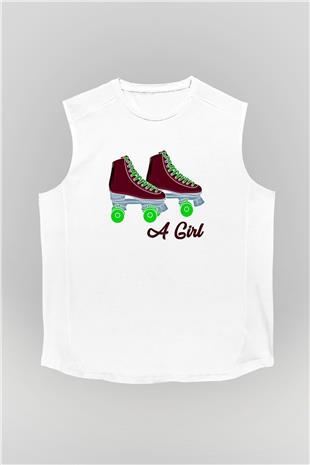 Paten Baskılı Unisex Kolsuz Beyaz Tişört