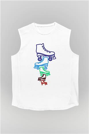 Paten Baskılı Unisex Kolsuz Beyaz Tişört