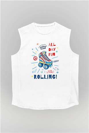 Paten Baskılı Unisex Kolsuz Beyaz Tişört