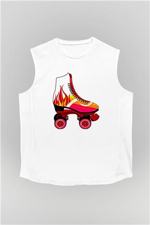 Paten Baskılı Unisex Kolsuz Beyaz Tişört