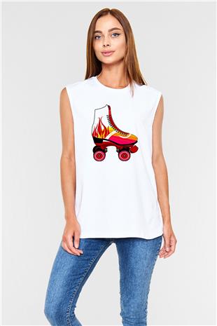 Paten Baskılı Unisex Kolsuz Beyaz Tişört
