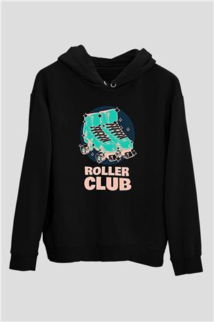 Paten Baskılı Unisex Siyah Kapüşonlu Sweatshirt
