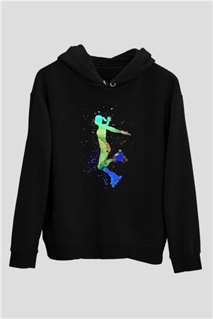 Paten Baskılı Unisex Siyah Kapüşonlu Sweatshirt