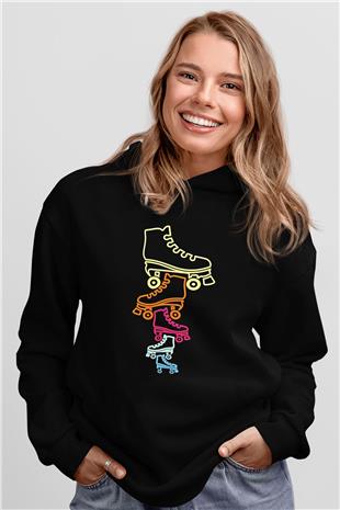 Paten Baskılı Unisex Siyah Kapüşonlu Sweatshirt