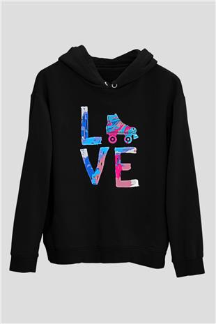 Paten Baskılı Unisex Siyah Kapüşonlu Sweatshirt
